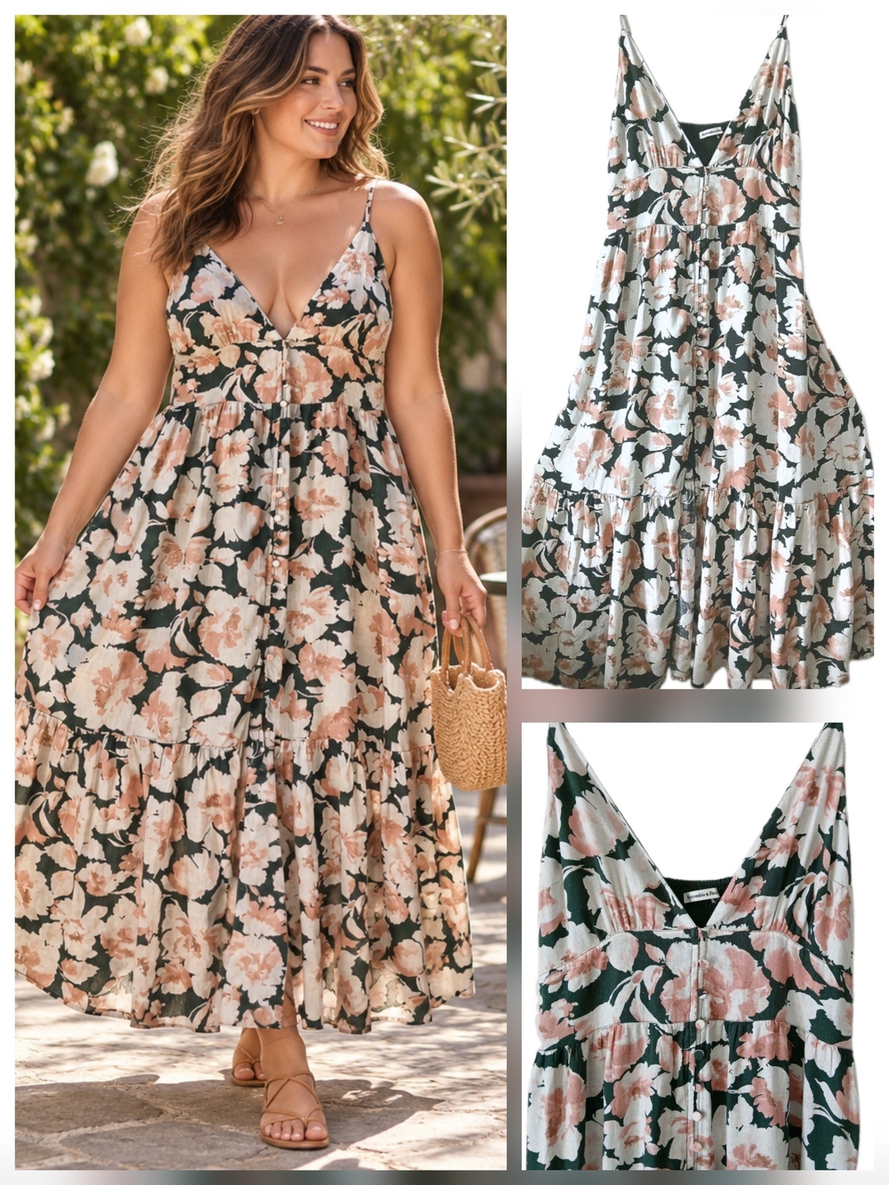 Abercrombie & Fitch Women's Pink Green Floral Summer Maxi Button Dress Size L